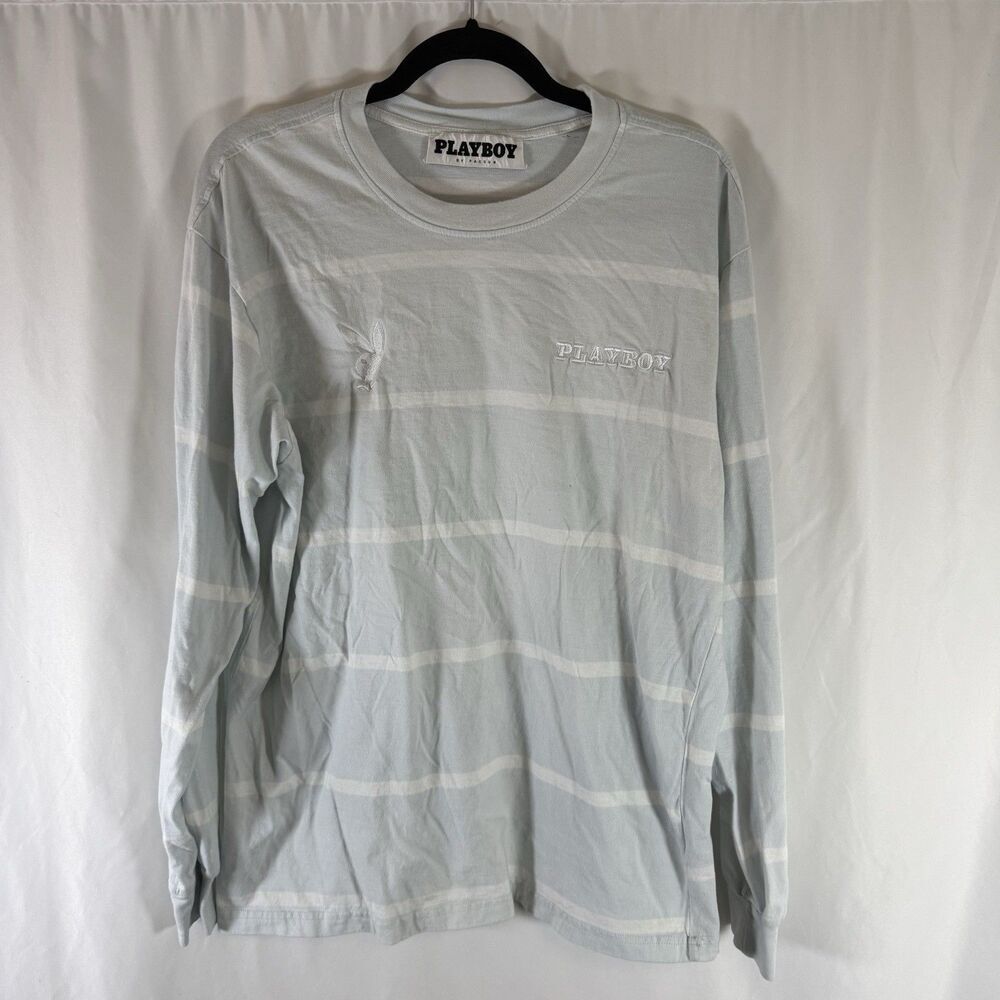 Playboy by Pacsun Long Sleeve Shirt Men's Large Blue White Striped Embroidered